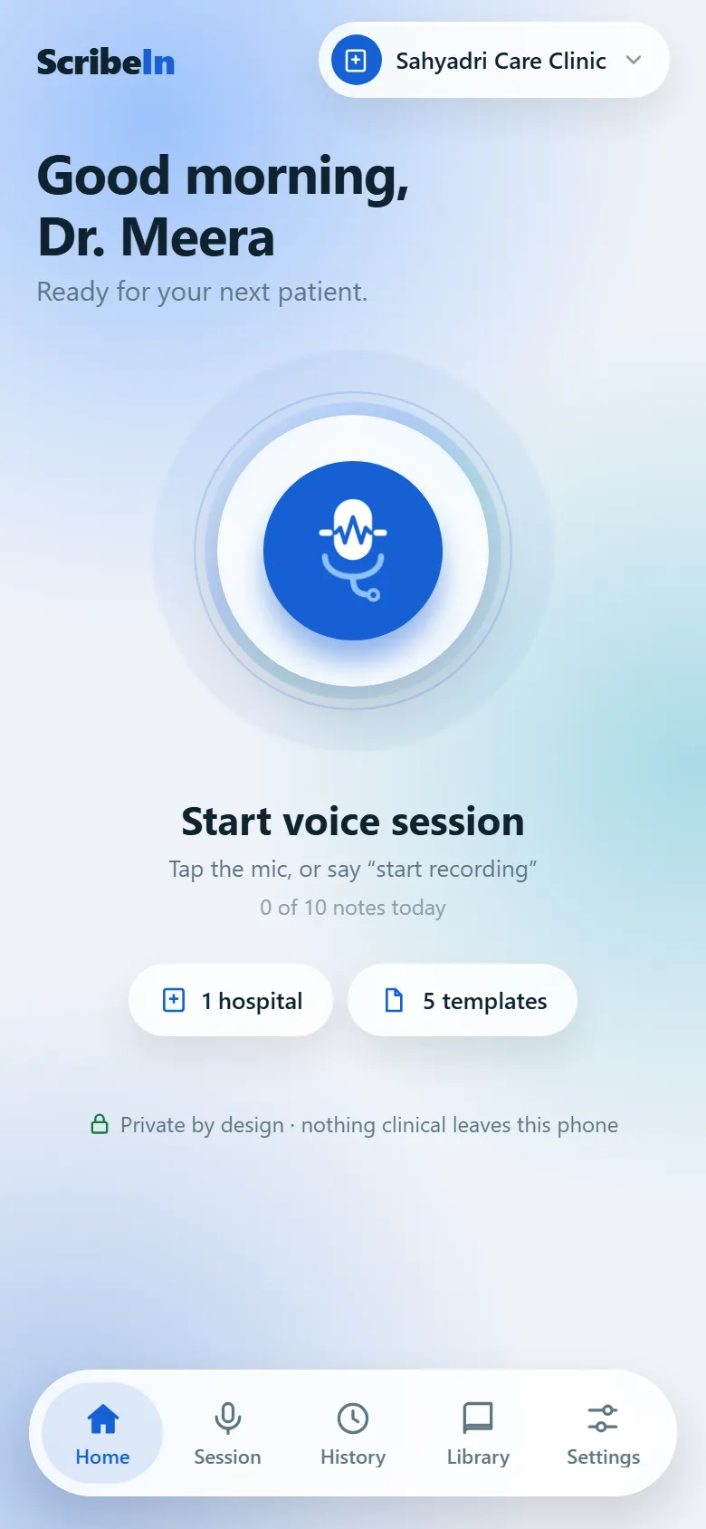 ScribeIn home screen: greeting for Dr. Meera, a large blue microphone button labelled Start voice session, the day's note count, and shortcuts to hospitals and templates