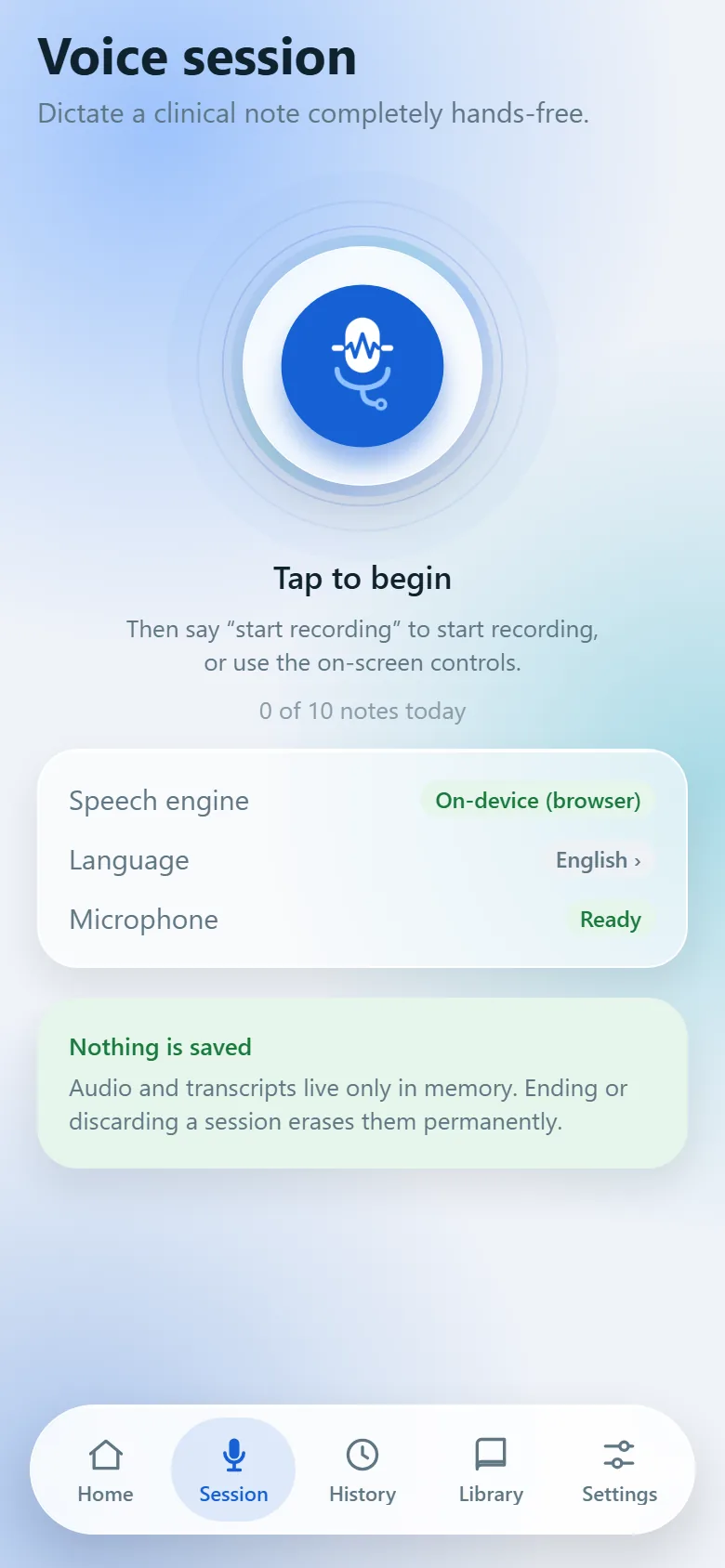ScribeIn voice session screen showing the speech engine set to on-device, the language, microphone status, and a notice that nothing is saved