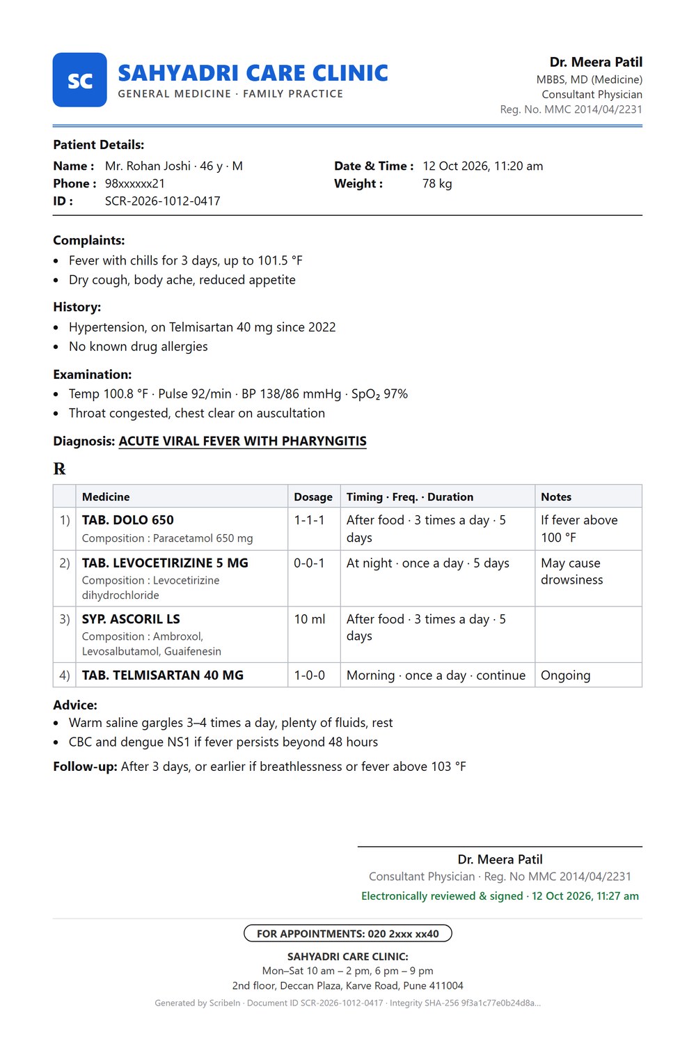 A one-page OPD prescription produced by ScribeIn: clinic letterhead, patient details, complaints, history, examination, diagnosis, a medicines table, advice, follow-up and the doctor's electronic signature