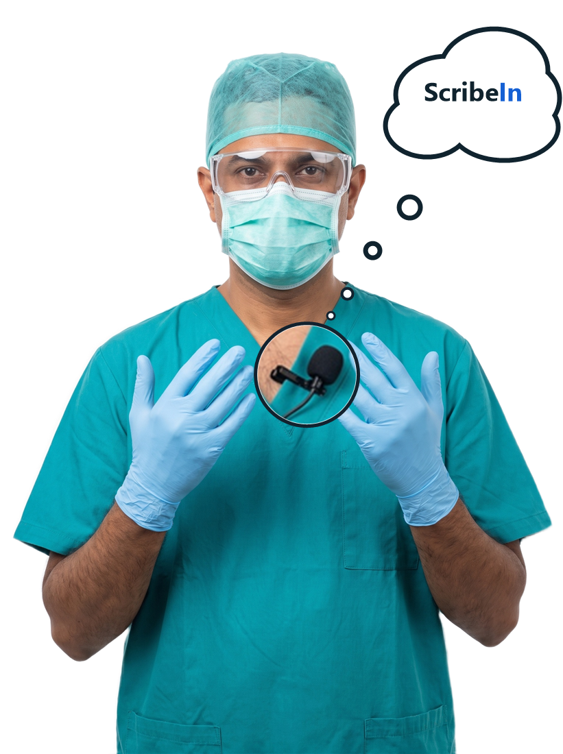 Surgeon dictating an operative note through a collar mic